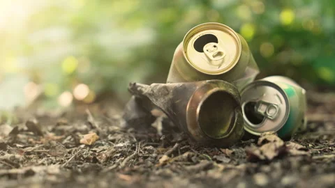 Crushed Aluminum Cans Lying on Ground in Nature | Abandoned Littered Beer Energy Stock Footage 336746461