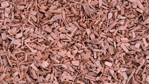 Crushed cedar tree bark texture background closeup. Pieces of trunk. Old tree Stock Photos