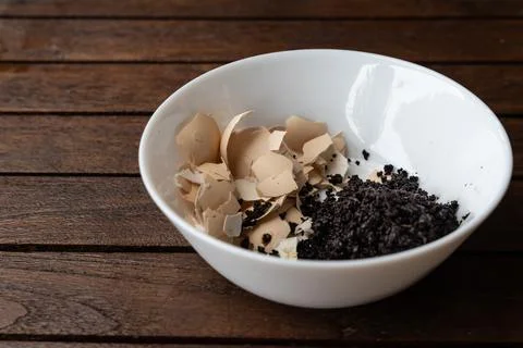 Crushed egg shell and spent coffee grounds in bowl. Natural organic fertilizers Stock Photos