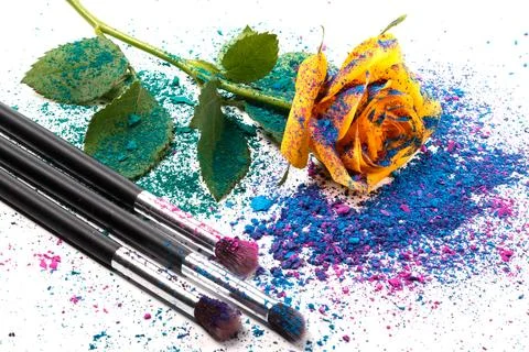 Crushed eyeshadows and make-up brushes Stock Photos