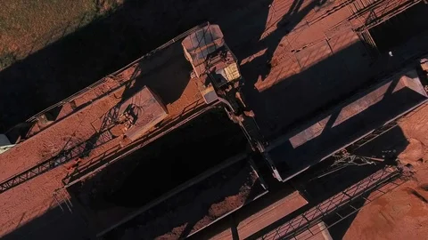 Crushing and sizing plant. Processing of mineral resources. Excavator unloads Video stock 74193846