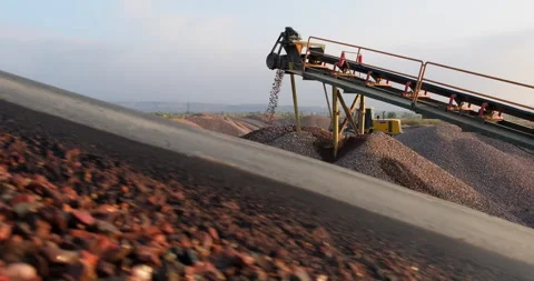 Crushing screening plant. Rocks and sand moving on conveyor line, on a Stock Footage 289203643