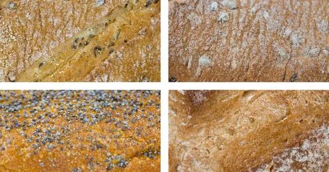 Crusts of different types of bread close up. Macro photo of bread. Stock Photos