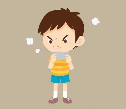 Crying angry kid addicted mobile phone Stock Illustration