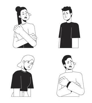 Crying in anxiety and depression flat line black white vector characters set Illustrazione stock