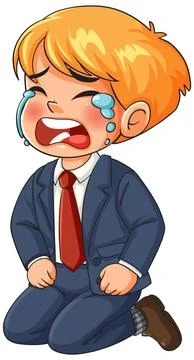 Crying Boy in Suit Kneeling on Floor Cartoon Stock Illustration