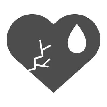 Crying broken heart solid icon. Cracked love shape with tear drop symbol, glyph Stock Illustration