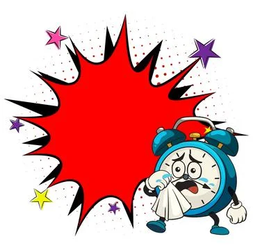 Crying Cartoon Alarm Clock with Comic Speech Bubble Stock Illustration