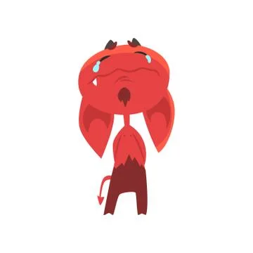 Crying cartoon devil with big drooping ears, horns and tail isolated on white 스톡 일러스트