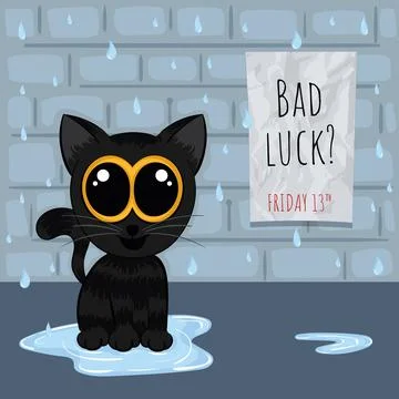 Crying cat on a raining street Bad luck Friday thirteen Vector Illustrazione stock