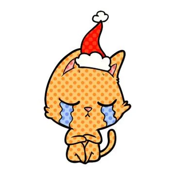 Crying comic book style illustration of a cat sitting wearing santa hat Stock Illustration
