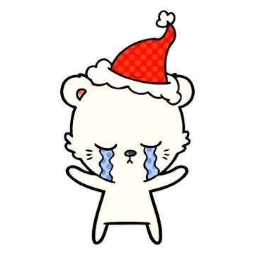 Crying comic book style illustration of a polarbear wearing santa hat Stock Illustration