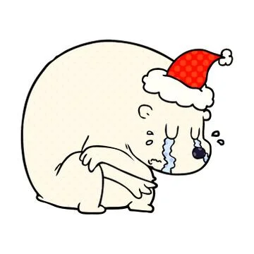 Crying comic book style illustration of a polar bear wearing santa hat Stock Illustration