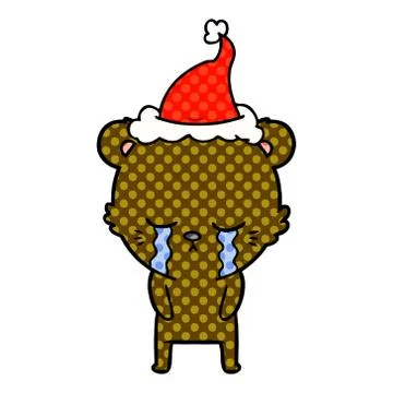 Crying comic book style illustration of a bear wearing santa hat Stock Illustration
