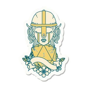 Crying elf fighter character face with natural one D20 roll sticker Illustrazione stock