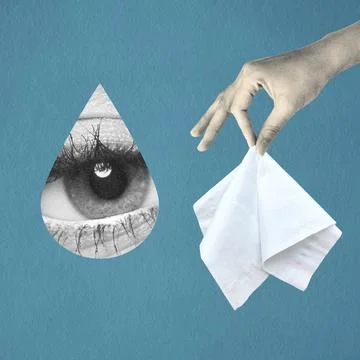 Crying eye inside teardrop with hand holding tissue Stock Illustration
