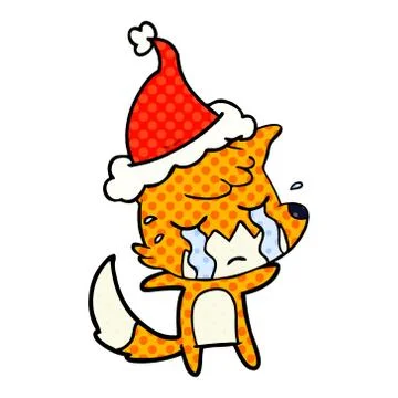 Crying fox comic book style illustration of a wearing santa hat Stock Illustration