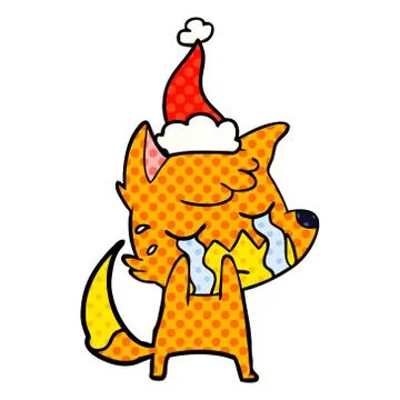 Crying fox comic book style illustration of a wearing santa hat Stock Illustration