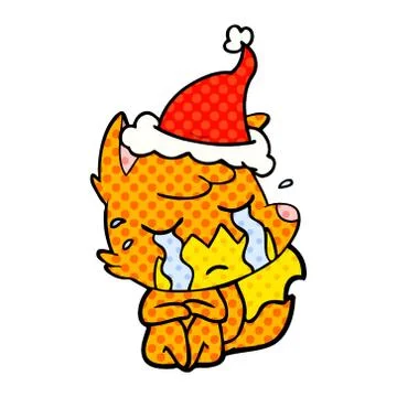 Crying fox comic book style illustration of a wearing santa hat Stock Illustration