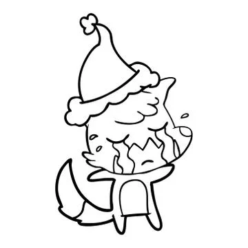 Crying fox line drawing of a wearing santa hat Illustrazione stock