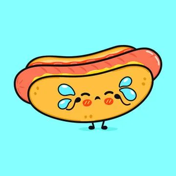 Crying Hot dog character. Vector hand drawn cartoon kawaii character illust.. Illustrazione stock