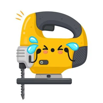 Crying jigsaw power tool cartoon mascot character Stock Illustration