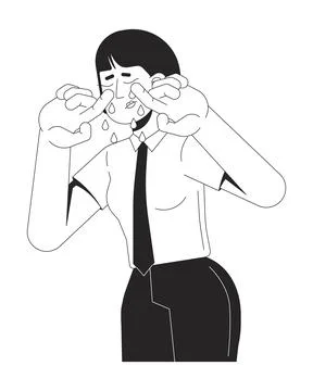 Crying korean office worker intern wiping tears 2D line character Stock Illustration