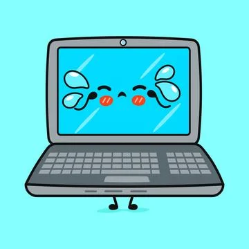 Crying Laptop character. Vector hand drawn cartoon kawaii character illustr.. Stock Illustration
