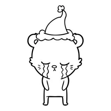 Crying line drawing of a bear wearing santa hat Illustrazione stock