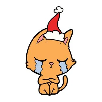 Crying line drawing of a cat sitting wearing santa hat Illustrazione stock