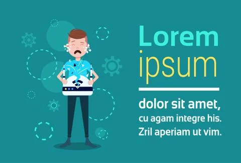Crying man character with broken wireless drone controller template for design イラスト素材