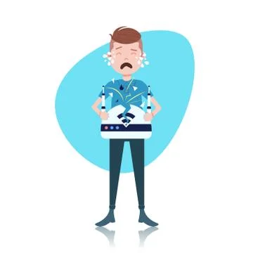 Crying man character with broken wireless drone controller template for design イラスト素材