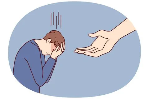 Crying man covers face bowing head while standing near giant hand hanging ... Stock Photos