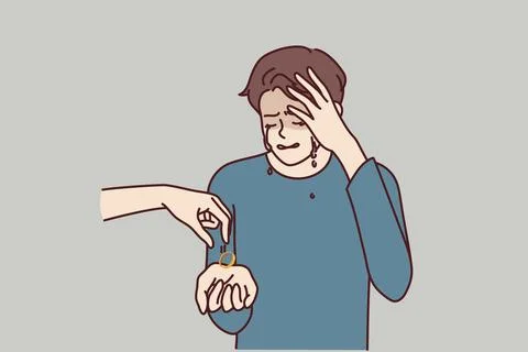 Crying man gets divorced and receives engagement ring from wife who cheated on Stock Illustration