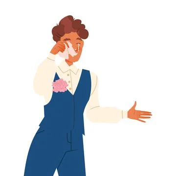 Crying Man Groom Weeping and Sobbing from Happiness Wiping Eyes Vector Stock Illustration