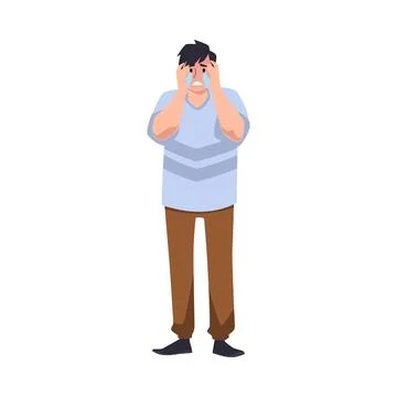 Crying man holding hands to face flat style, vector illustration Illustrazione stock