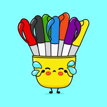 Crying Multi-colored pens character. Vector hand drawn cartoon kawaii chara.. Stock Illustration