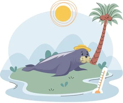 Crying penguin suffering on small green hill surrounded by streams of water due Ilustração Stock