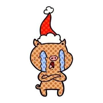 Crying pig comic book style illustration of a wearing santa hat Stock Illustration