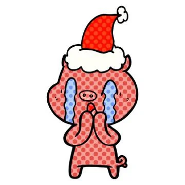 Crying pig comic book style illustration of a wearing santa hat Stock Illustration