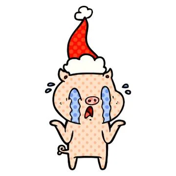 Crying pig comic book style illustration of a wearing santa hat Stock Illustration