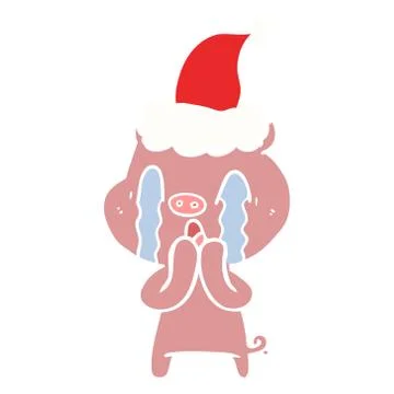 Crying pig flat color illustration of a wearing santa hat Stock Illustration