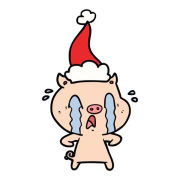 Crying pig line drawing of a wearing santa hat Stockillustratie