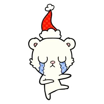 Crying polar bear comic book style illustration of a wearing santa hat Stock Illustration
