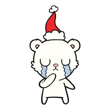 Crying polar bear line drawing of a wearing santa hat Stock Illustration