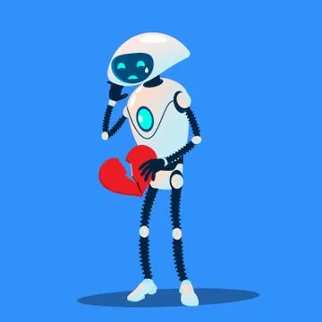 Crying Robot Holding A Broken Heart In Hands Vector. Isolated Illustration Stock Illustration