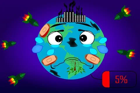 Crying suffering Earth due to wars, pollution, resource depletion Stock Illustration