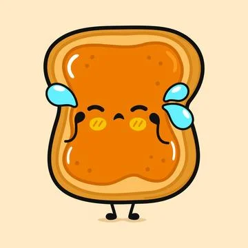 Crying Toast piece of bread with peanut butter character. Vector hand drawn.. Stock Illustration
