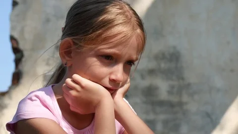 Crying Unhappy Child with Sad Memories, Stray Homeless Kid in Abandoned House 4K Stock Footage