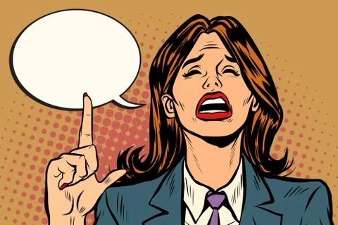 Crying woman pointing up comic bubble Stock Illustration